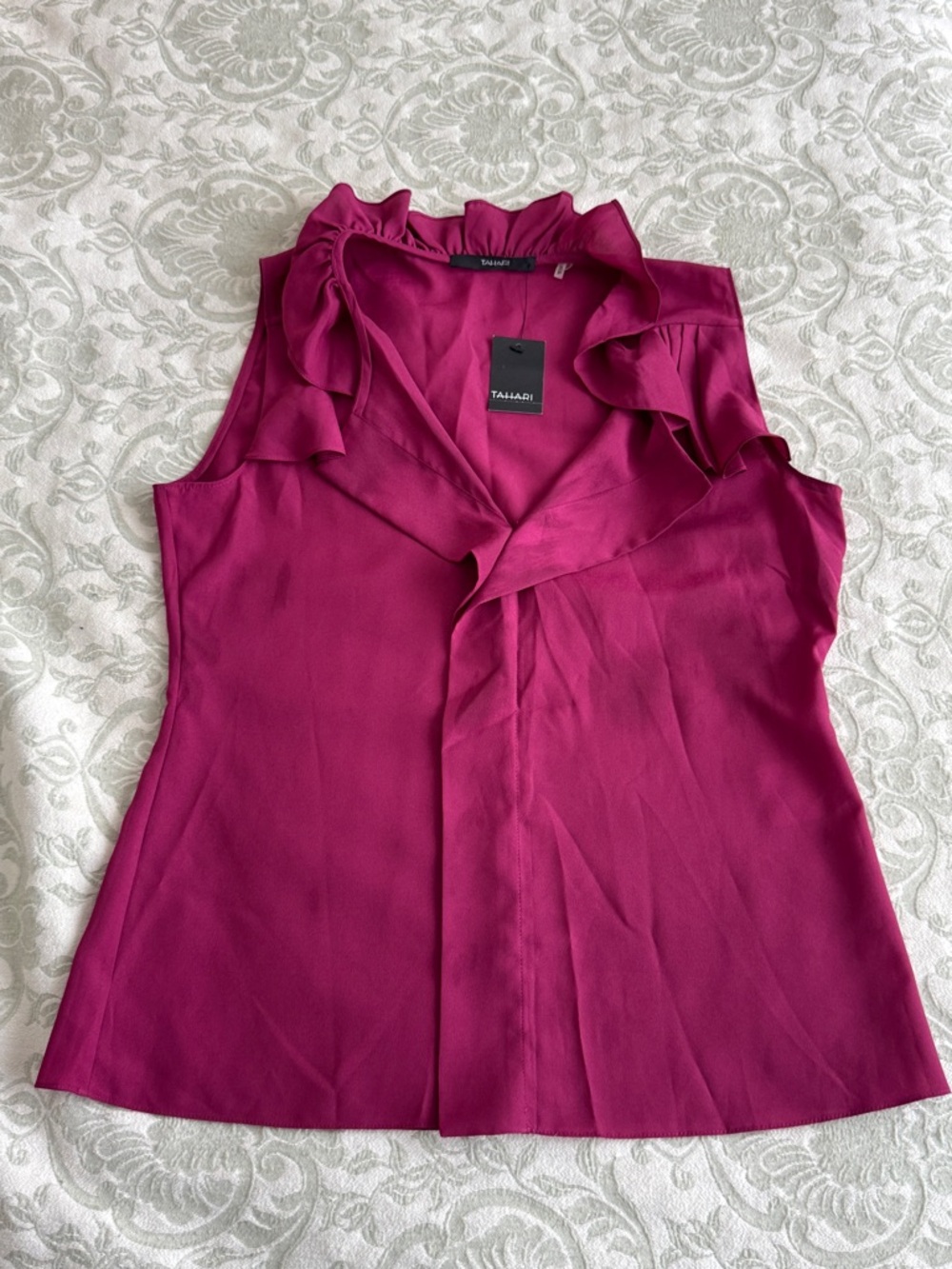 Tahari Magenta Ruffle V-Neck Sleeveless Blouse